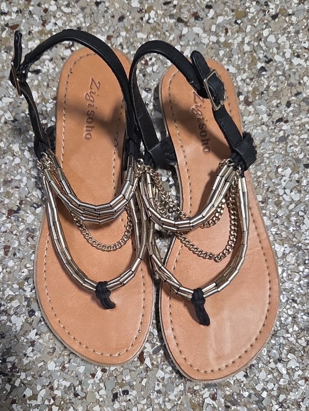 Zigi Soho Black and Tan Beaded Chain T-Strap Sandals